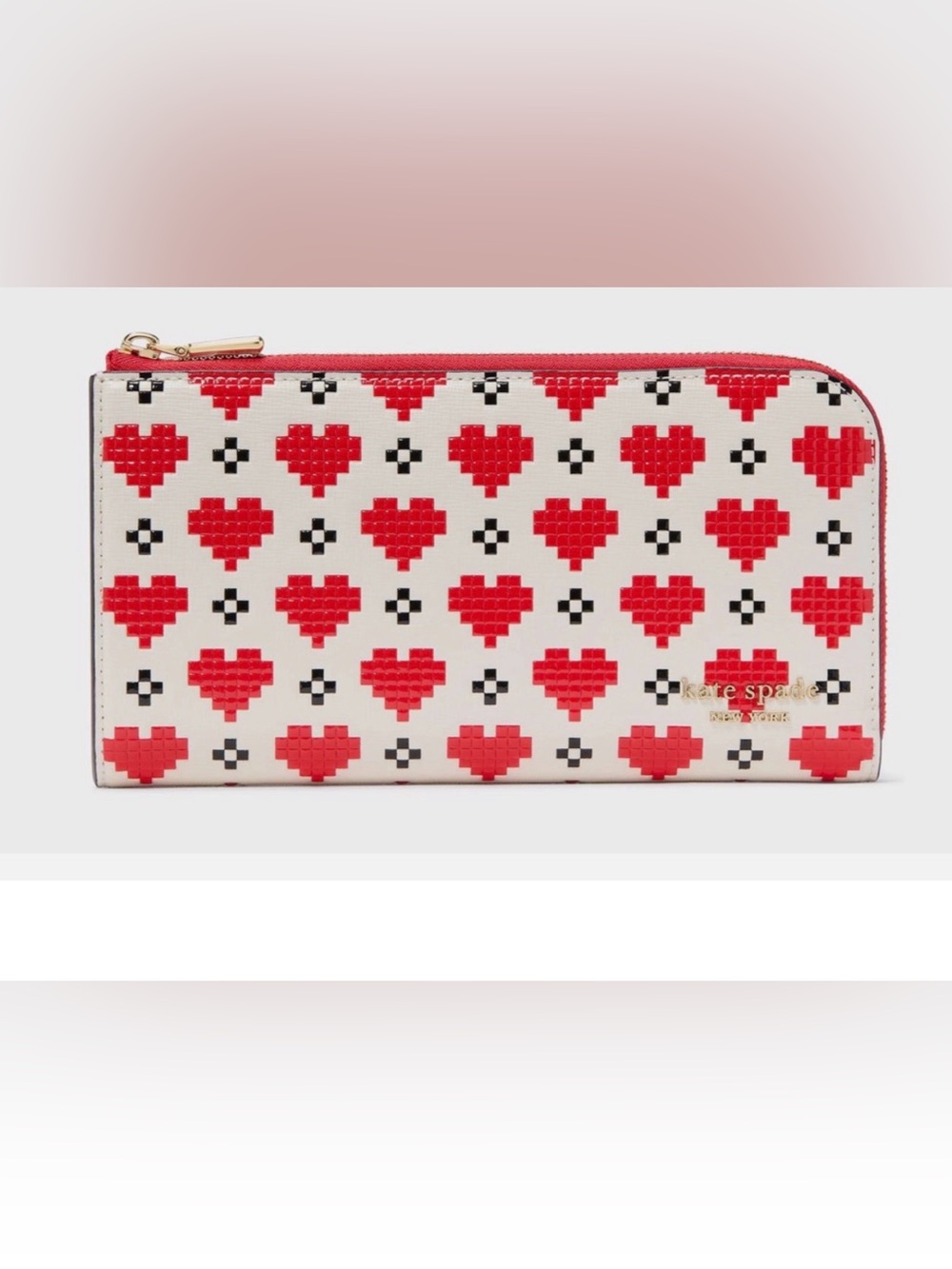 kate spade White and Red Heart Zip Card Holder with Gold Accent